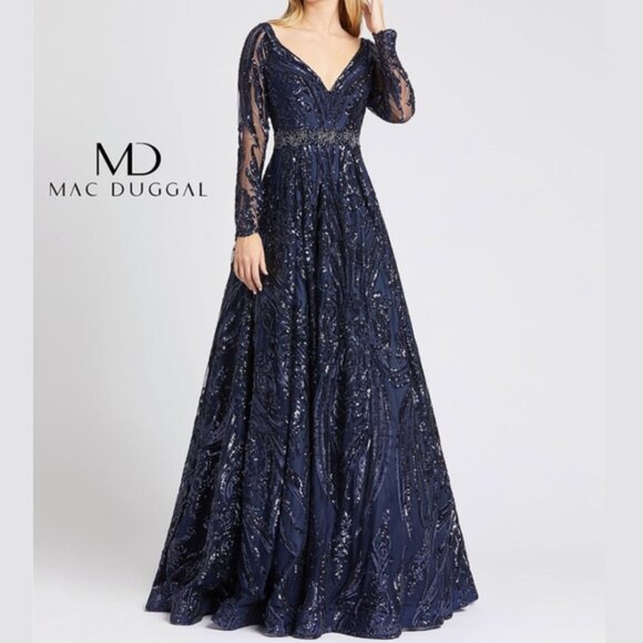 Mac Duggal Dresses & Skirts - Mac Duggal 67113 Size‎ 18 Dark Navy Blue Long Sleeve Gown Maxi Dress Ballgown
